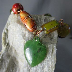 Beaded Copper Charm Bracelet Nephrite Jade Heart